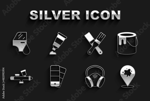 Set Color palette guide, Paint bucket, spray, Gas mask, gun, brush, Car painting and Tube with icon. Vector