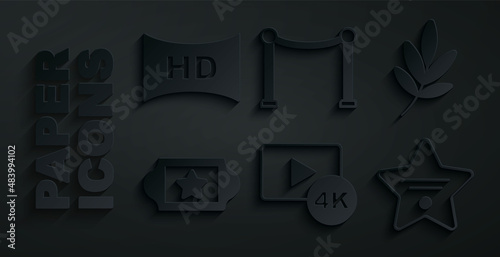 Set Screen tv with 4k, Movie trophy, Cinema ticket, Walk of fame star, Rope barrier and Hd movie, tape, frame icon. Vector