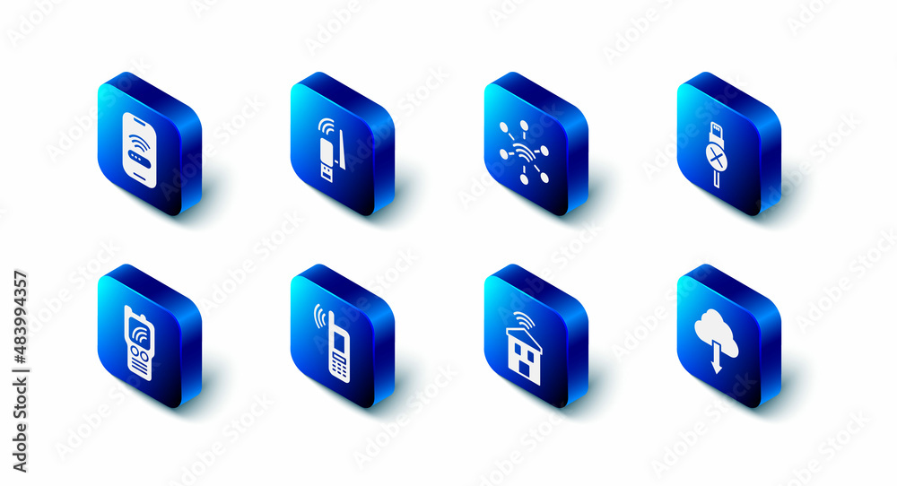 Set Usb wireless adapter, Network, No usb cable cord, Cloud download, Smart home with wi-fi, Mobile, Walkie talkie and icon. Vector Set Usb wireless adapter, Network, No usb cable cord, Cloud download, Smart home with wi-fi, Mobile, Walkie talkie and icon. Vector