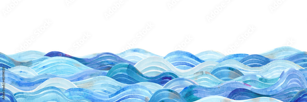Watercolor sea. Seamless pattern. Horizontal border. Blue waves in the ocean. - obrazy, fototapety, plakaty 