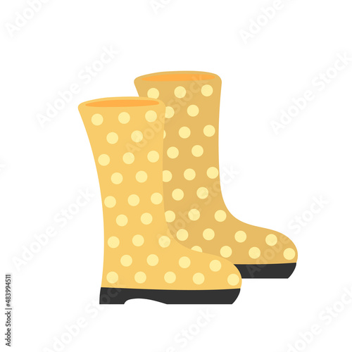 Hand drawn cartoon yellow rubber boots with dots. Cute funny vector illustration isolated on white background.