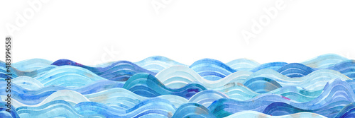 Watercolor sea. Seamless pattern. Horizontal border. Blue waves in the ocean.