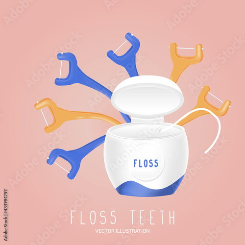 A box with floss thread for cleaning teeth. Dental and hygiene concept. Healthy lifestyle and wellness. Vector illustration. Ready for banners, flyers, icons and cards.