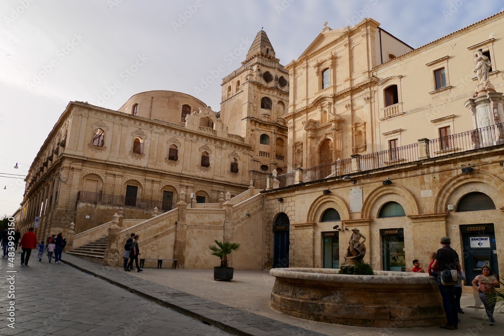 Noto, Sicily, Italy, 31.03.2018. Panoramic view of Saint Francis of Assisi to the Immaculate church, Chiesa di San Francesco d'Assisi all'Immacolata.