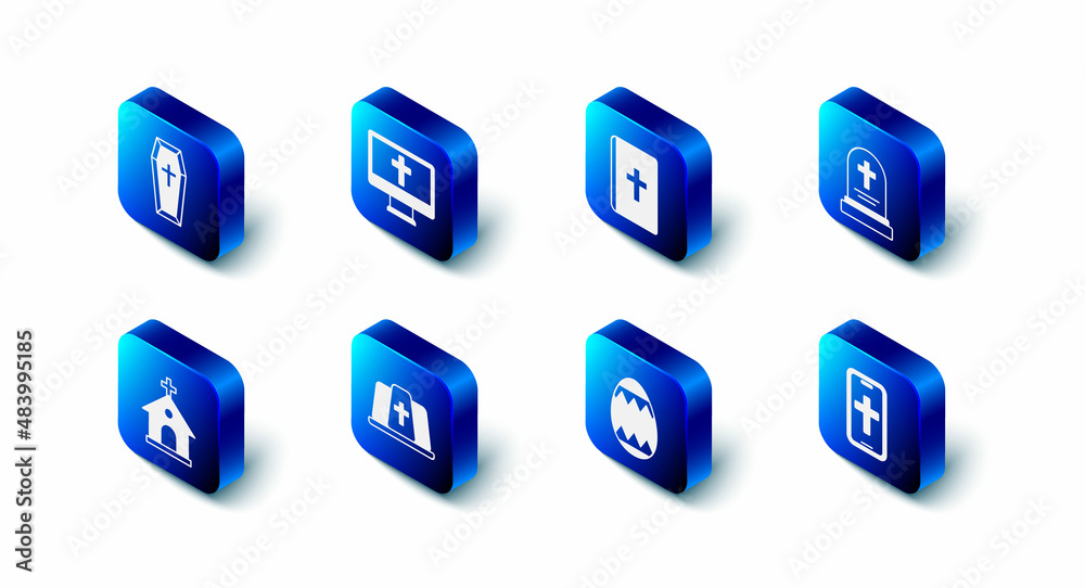 Set Christian cross on monitor, Holy bible book, Grave with tombstone, phone, Easter egg, Pope hat, Church building and Coffin icon. Vector Set Christian cross on monitor, Holy bible book, Grave with tombstone, phone, Easter egg, Pope hat, Church building and Coffin icon. Vector