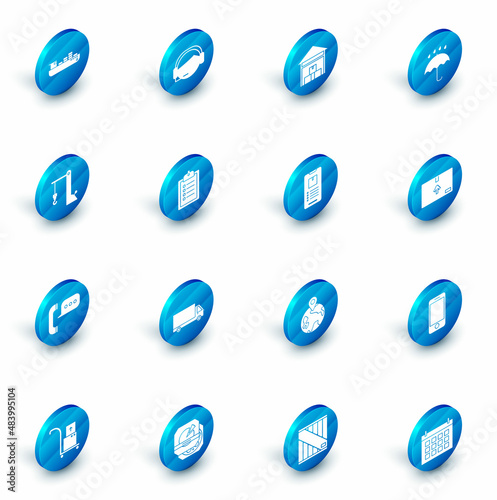 Set Support operator in touch, Harbor crane, Telephone with speech bubble chat, Verification of delivery list clipboard, Cardboard box traffic symbol and Mobile app tracking icon. Vector