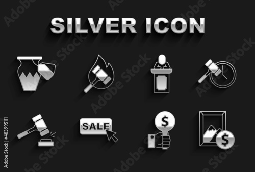 Set Price tag with Sale, Auction hammer, painting, Hand holding auction paddle, auctioneer sells, ancient vase and icon. Vector