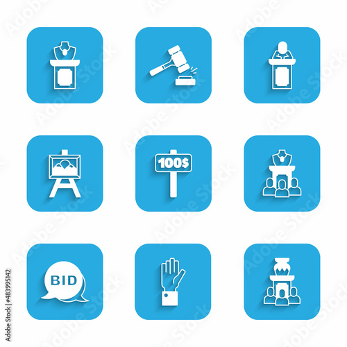 Set Hand holding auction paddle, Auction ancient vase, jewelry sale, Bid, painting, auctioneer sells and icon. Vector