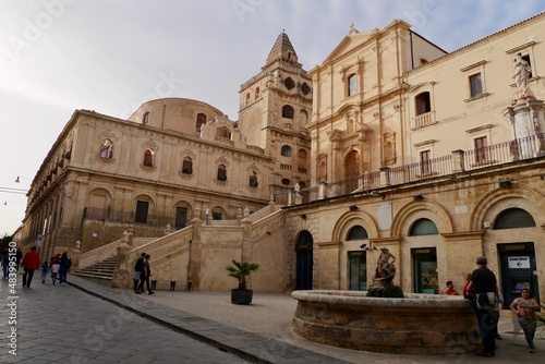 Noto, Sicily, Italy, 31.03.2018. Panoramic view of Saint Francis of Assisi to the Immaculate church, Chiesa di San Francesco d'Assisi all'Immacolata. © Maleo Photography