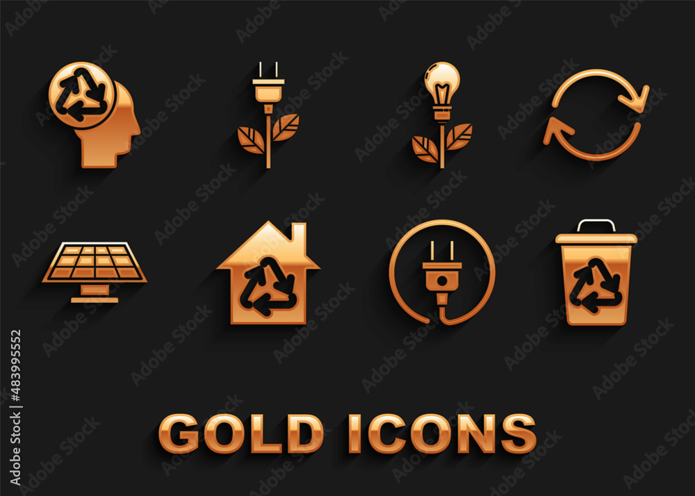 Set Eco House with recycling symbol, Refresh, Recycle bin recycle, Electric plug, Solar energy panel, Light bulb leaf, Human head and saving icon. Vector Set Eco House with recycling symbol, Refresh, Recycle bin recycle, Electric plug, Solar energy panel, Light bulb leaf, Human head and saving icon. Vector