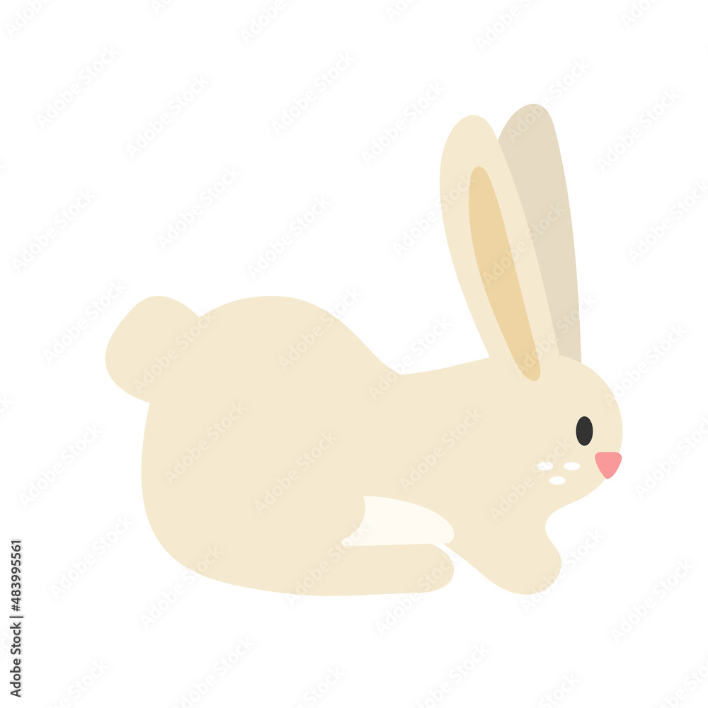 Cute hare isolated on white background. Funny bunny drawn by hand. Flat style sitting rabbit. Simple design. Stock vector illustration.