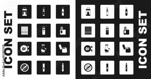 Set Electronic cigarette, Vape mod device, Cigarette, Lighter and Tobacco leaf shop icon. Vector