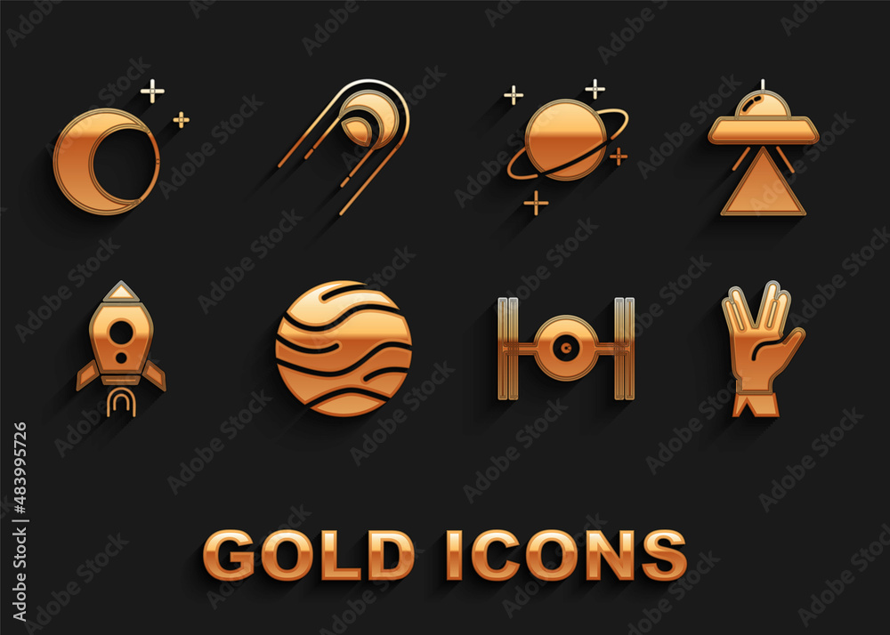 Set Planet, UFO flying spaceship, Vulcan salute, Cosmic, Rocket with fire, Moon and stars and Satellite icon. Vector