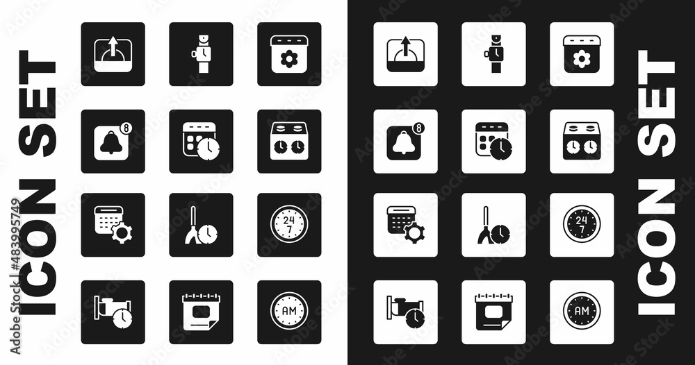 Set Calendar spring, and clock, Alarm app mobile, Sunrise, Time chess, Wrist watch, Clock 24 hours and settings icon. Vector Set Calendar spring, and clock, Alarm app mobile, Sunrise, Time chess, Wrist watch, Clock 24 hours and settings icon. Vector