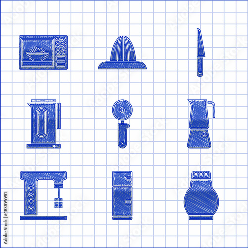 Set Pizza knife, Refrigerator, Salt and pepper, Moka pot, Electric mixer, Kettle with handle, Knife and Microwave oven icon. Vector