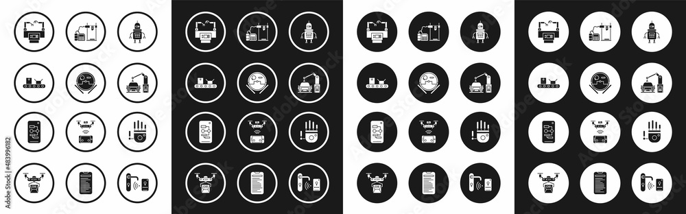 Set Robot, vacuum cleaner, Conveyor belt with cardboard box, Assembly line, Industrial machine robotic robot arm hand, 3D printer, Mechanical and Algorithm icon. Vector Set Robot, vacuum cleaner, Conveyor belt with cardboard box, Assembly line, Industrial machine robotic robot arm hand, 3D printer, Mechanical and Algorithm icon. Vector