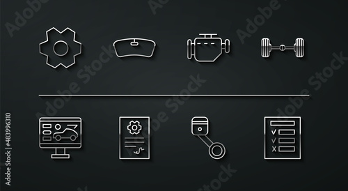 Set line Gear, Diagnostics condition of car, Chassis, Engine piston, Auto service check automotive, Windshield, Car inspection and Check engine icon. Vector