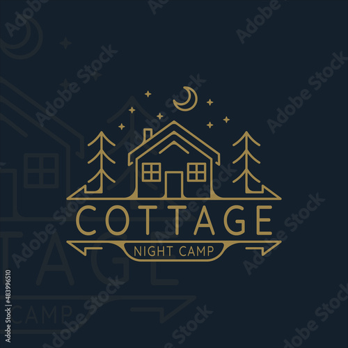 cabin or cottage line art logo vector illustration template icon graphic design. night camp at nature with pine and star moon