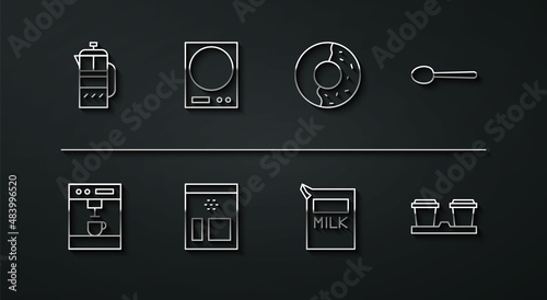 Set line French press, Coffee machine, Spoon, Paper package for milk, Bag coffee beans, Electronic scales, cup to go and Donut with sweet glaze icon. Vector