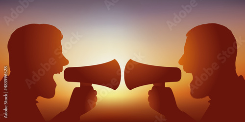 Concept de la confrontation d’opinions sur les réseaux sociaux, avec deux hommes qui confrontent leurs idées en hurlant dans un mégaphone.