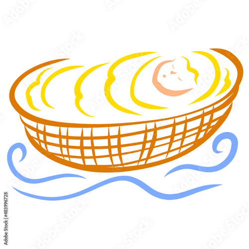 Baby Moses in a basket on the waves of the river