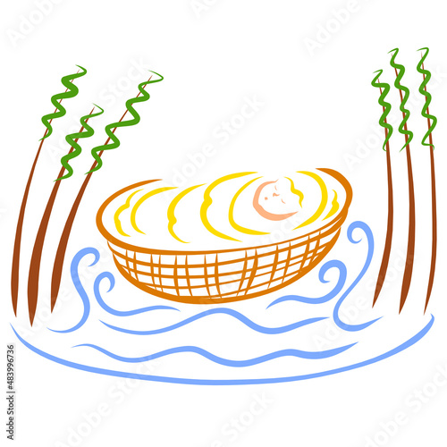 Baby Moses in a basket on the river between the reeds