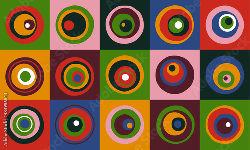 Abstract circle pattern. Geometric bauhaus shapes, concentric circles suprematism style, modern background. Vector art