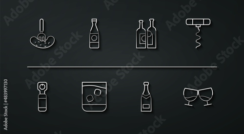 Set line Pickled cucumber on a fork, Bottle opener, Wine corkscrew, Champagne bottle, Glass of whiskey, Beer, cognac brandy and Bottles wine icon. Vector