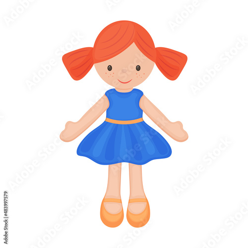 Doll. Cute children s toy with red hair. A doll in a beautiful dress. Vector illustration isolated on a white background