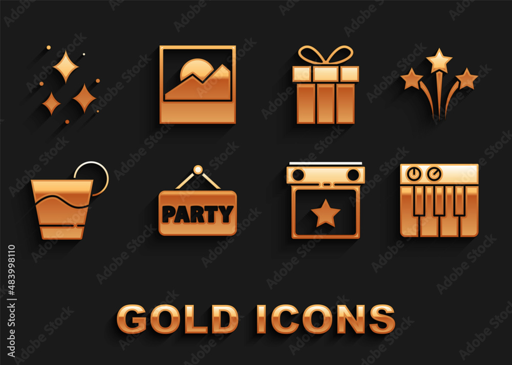 Set Signboard party, Firework, Music synthesizer, Calendar, Cocktail, Gift box, and Photo icon. Vector Set Signboard party, Firework, Music synthesizer, Calendar, Cocktail, Gift box, and Photo icon. Vector