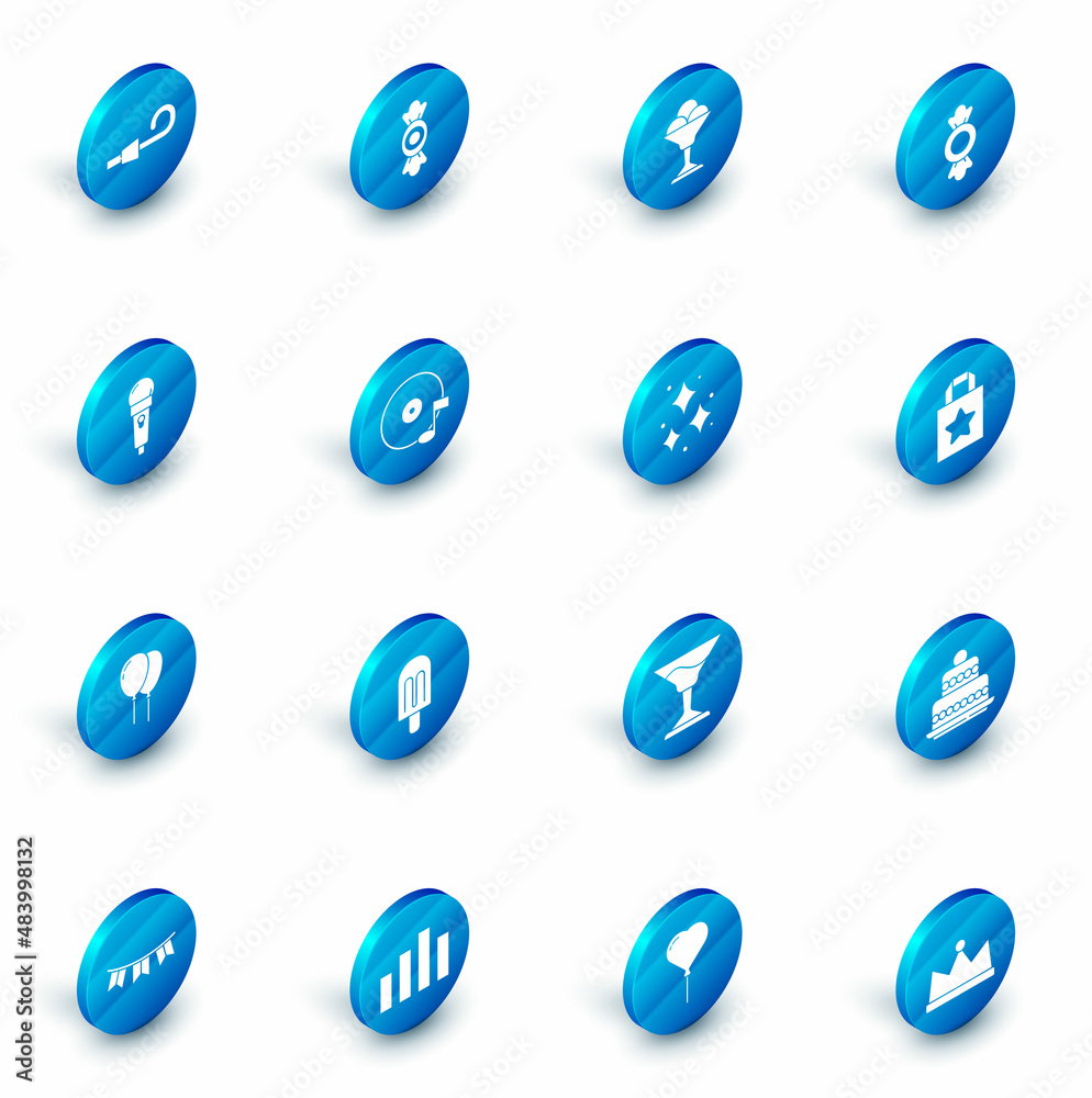 Set Candy, Ice cream in bowl, Microphone, Balloons with ribbon, Vinyl disk, Paper shopping bag and Firework icon. Vector Set Candy, Ice cream in bowl, Microphone, Balloons with ribbon, Vinyl disk, Paper shopping bag and Firework icon. Vector