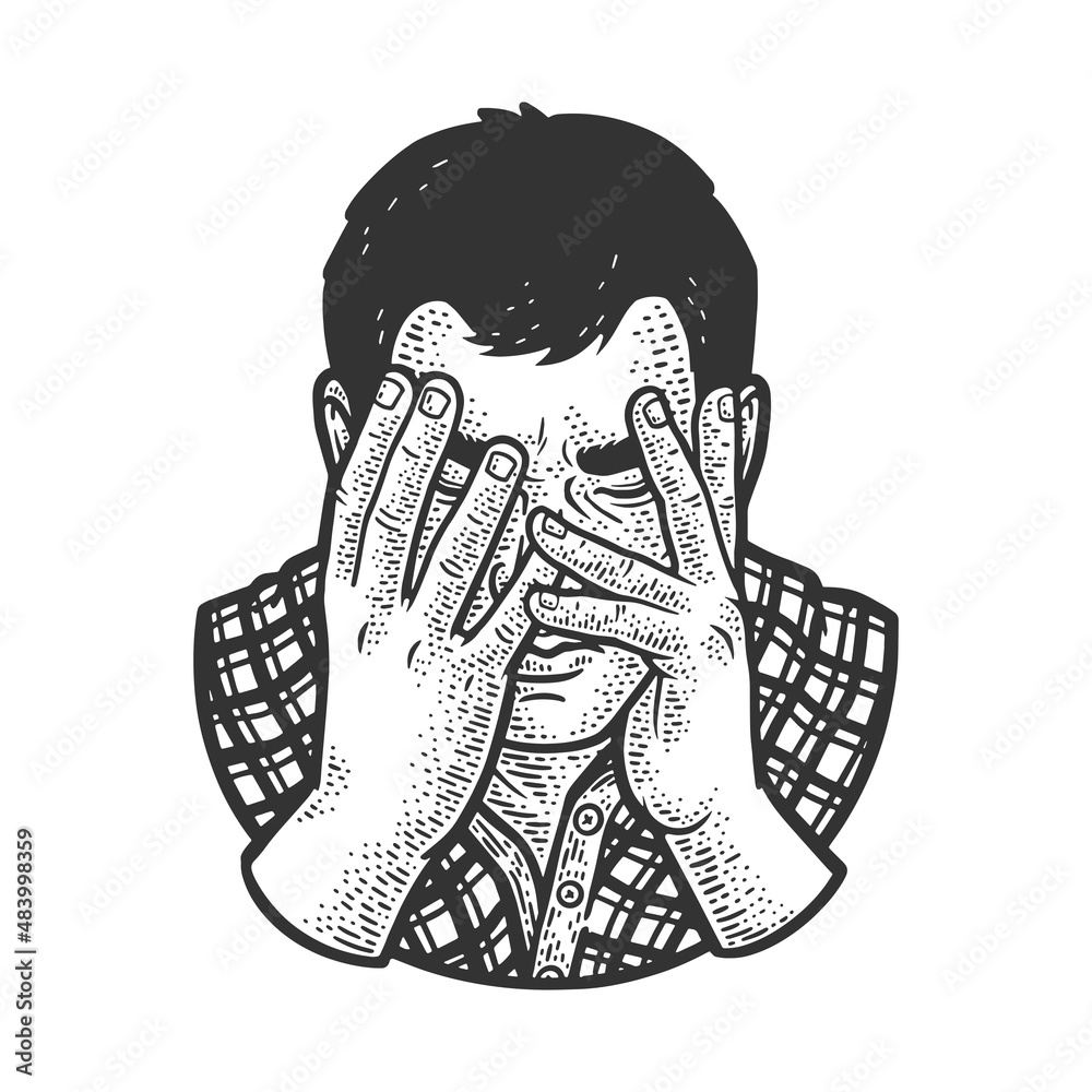 Sad unhappy man covered his face with his hands sketch engraving vector ...