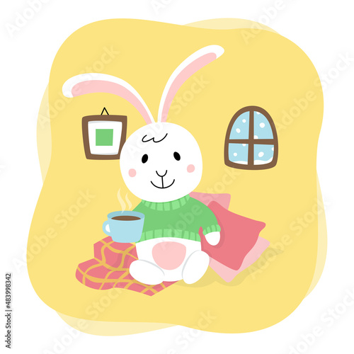 Cute rabbit. Bunny sits in the house and drinks tea. Cozy cartoon flat illustration isolated on white background photo