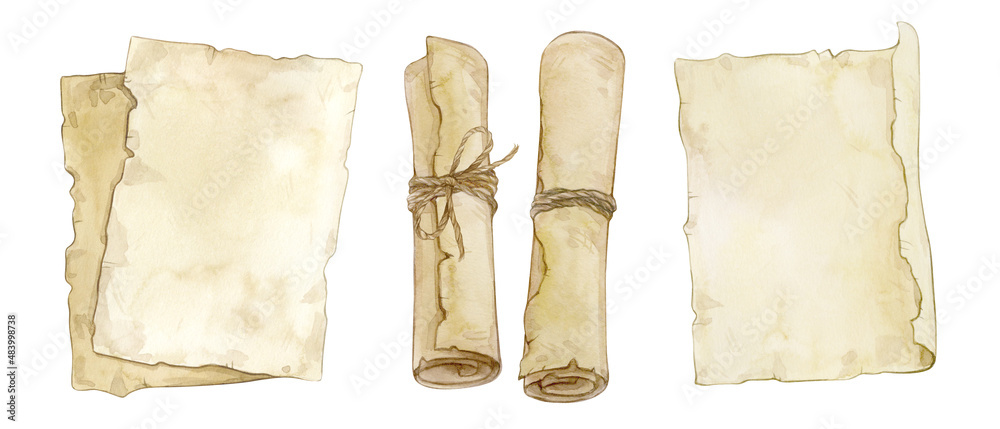 Set of watercolor illustrations of old paper sheets and scrolls isolated on a white background. - obrazy, fototapety, plakaty 