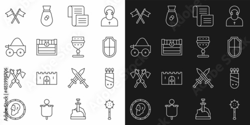 Set line Medieval chained mace ball, Quiver with arrows, Shield, Decree, parchment, scroll, Antique treasure chest, Wooden four-wheel cart, Crossed medieval flag and goblet icon. Vector