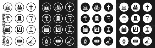 Set Christian cross, Grave with tombstone, Umbrella, Old crypt, Scythe, and Calendar death icon. Vector