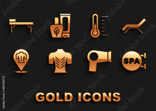 Set Massage, Sunbed and umbrella, Spa salon, Hair dryer, Sauna thermometer, table and Ointment cream tube icon. Vector