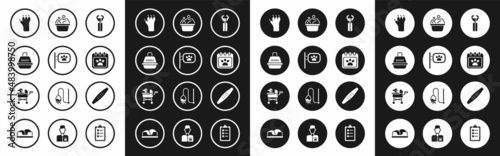Set Pet nail clippers, grooming, carry case, Paw print, Calendar, Pets bath, Nail file pet and stroller icon. Vector