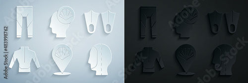 Set Scallop sea shell, Rubber flippers, Wetsuit, Diving hood, and icon. Vector