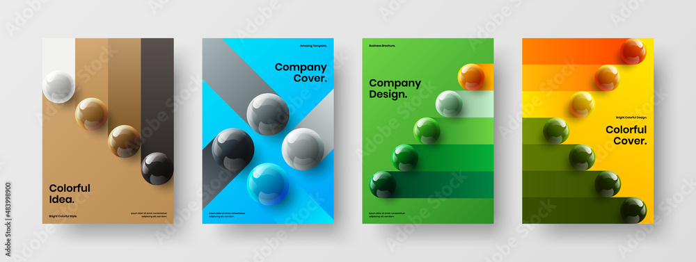 Unique booklet A4 design vector layout set. Abstract realistic balls presentation illustration collection.
