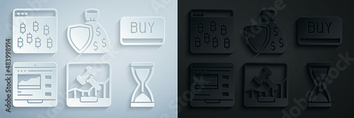 Set Online internet auction, Buy button, Trading courses, Old hourglass, Shield and money bag and Bitcoin browser icon. Vector