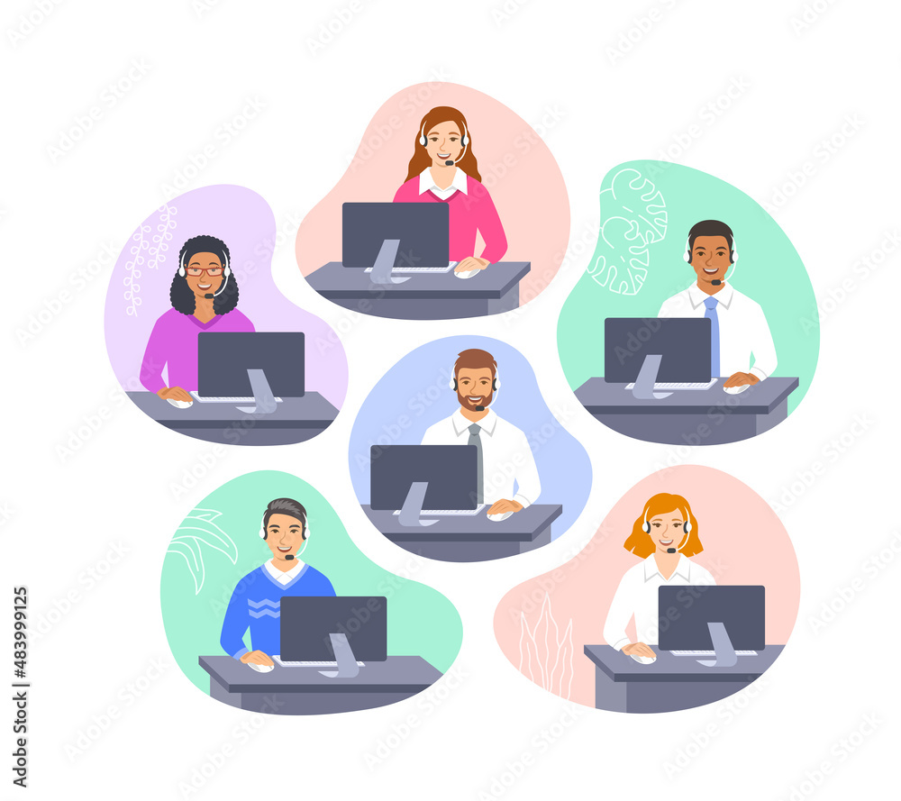 Call center customer care operators with headsets at the desks. Flat vector illustration. Friendly customer support service agents, men and women, talking with clients. Contact center assistants Call center customer care operators with headsets at the desks. Flat vector illustration. Friendly customer support service agents, men and women, talking with clients. Contact center assistants