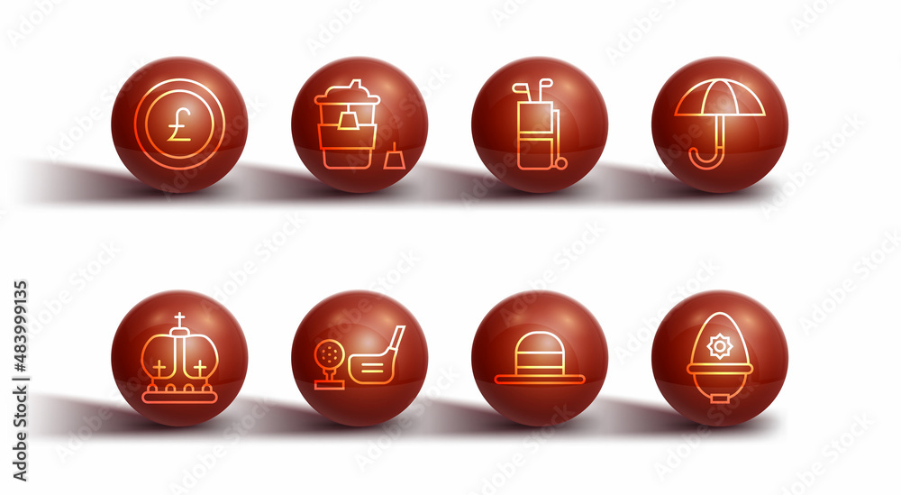 Set line Coin money with pound, British crown, Umbrella, Elegant women hat, Golf club ball tee, Coffee cup to go, police helmet and bag clubs icon. Vector Set line Coin money with pound, British crown, Umbrella, Elegant women hat, Golf club ball tee, Coffee cup to go, police helmet and bag clubs icon. Vector