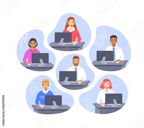 Call center customer care operators with headsets at the desks. Flat vector illustration. Friendly customer support service agents, men and women, talking with clients. Contact center assistants