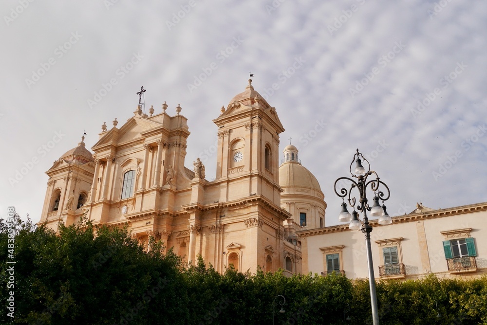 Panoramic view of Baroque cathedral San Nicolo in Noto, UNESCO World Heritage Site. Sicily, Italy.