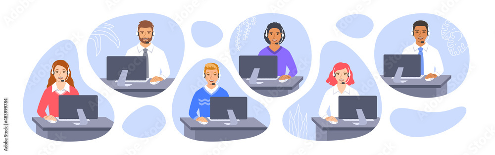 Call center customer care operators with headsets at the desks. Flat vector illustration. Friendly customer support service agents, men and women, talking with clients. Contact center assistants Call center customer care operators with headsets at the desks. Flat vector illustration. Friendly customer support service agents, men and women, talking with clients. Contact center assistants