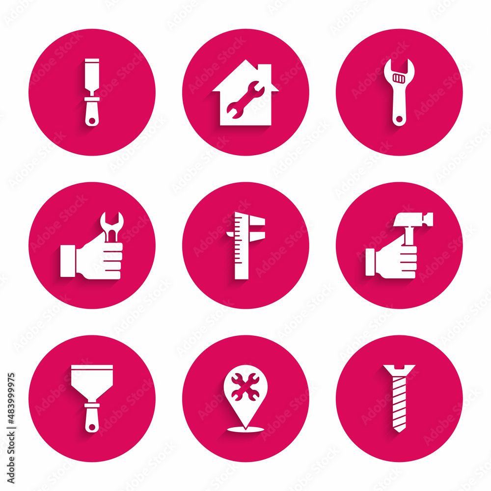 Set Calliper or caliper and scale, Location with wrench, Metallic screw, Hammer, Putty knife, Wrench spanner, Adjustable and Rasp metal file icon. Vector Set Calliper or caliper and scale, Location with wrench, Metallic screw, Hammer, Putty knife, Wrench spanner, Adjustable and Rasp metal file icon. Vector