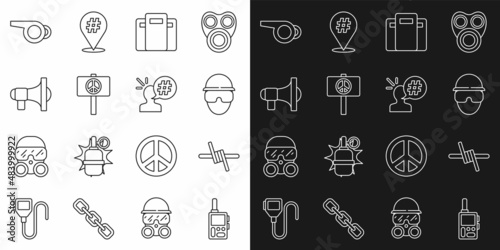 Set line Walkie talkie, Barbed wire, Special forces soldier, Police assault shield, Peace, Megaphone, Whistle and Protest icon. Vector