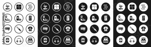 Set Book, Burger, Slippers with socks, Robot, Computer, Piece of puzzle, T-shirt and Certificate template icon. Vector