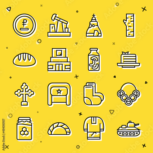 Set line Military tank, Russian bagels, Medovik, The Tsar bell, Mausoleum of Lenin, Bread loaf, Rouble, ruble currency and Pickled cucumbers jar icon. Vector